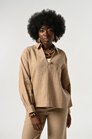 KADIN KARAMEL RENGİ KETEN V YAKA DÜĞME DETAYLI GÖMLEK