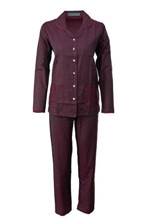Oppland Kadın Şık Klasik Model Pijama Takımı Premium %100Pamuk Poplin Kumaş Düğmeli Tarz Model Cepli
