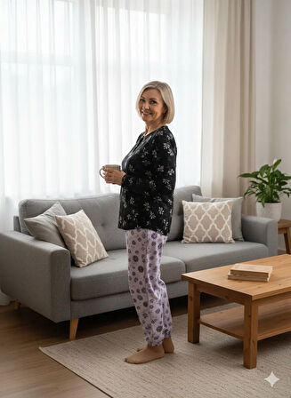 Oppland Kadın Kışlık Kadın Anne içlik Pijama Altı %100 Pamuk içi Miflonlu Klasik Beli Lastikli Rahat