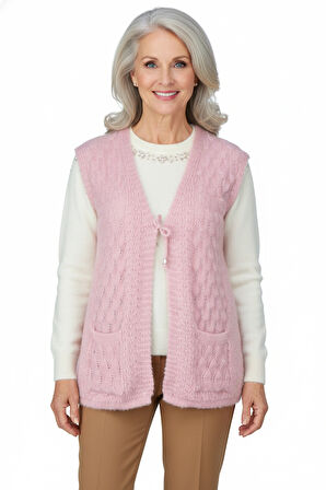 Oppland Kadın Kışlık Anne Yelek Yumuşacık Pamuklu Triko Örme Önden Bağlamalı Çift Cepli Rahat