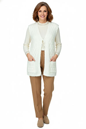 Oppland Kadın Kışlık Anne Yelek Yumuşacık Pamuklu Triko Örme Önden Bağlamalı Çift Cepli Rahat