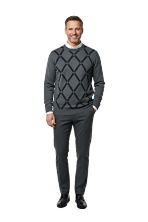 Erkek Kışlık Kazak Rahat Kesim Bisiklet Yaka Cepsiz Baklava Desenli Şık Retro Model