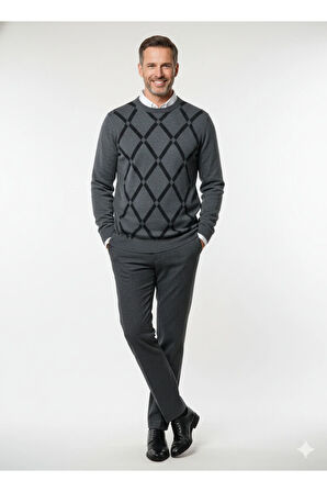 Erkek Kışlık Kazak Rahat Kesim Bisiklet Yaka Cepsiz Baklava Desenli Şık Retro Model