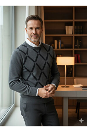 Erkek Kışlık Kazak Rahat Kesim Bisiklet Yaka Cepsiz Baklava Desenli Şık Retro Model