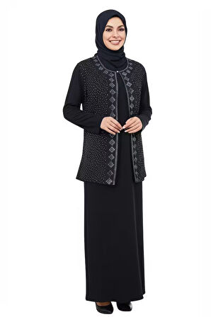 Oppland Kadın Boydan Anne Elbise Özel Düğünlük Likralı Sandy Kumaş Yıldız Taşlım Model Rahat Kesim