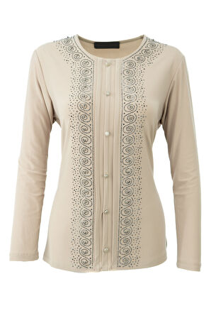 Oppland Kadın Anne Bluz Likralı Sandy Kumaş Şık ve Modern Elmasım Taşlı Yuvarlak Yakalı Rahat Kesim