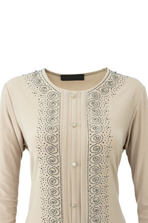 Oppland Kadın Anne Bluz Likralı Sandy Kumaş Şık ve Modern Elmasım Taşlı Yuvarlak Yakalı Rahat Kesim