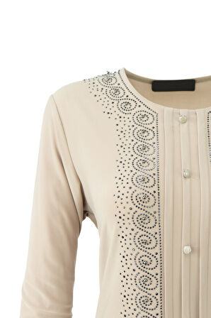 Oppland Kadın Anne Bluz Likralı Sandy Kumaş Şık ve Modern Elmasım Taşlı Yuvarlak Yakalı Rahat Kesim