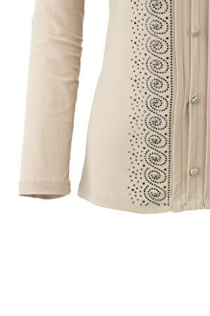 Oppland Kadın Anne Bluz Likralı Sandy Kumaş Şık ve Modern Elmasım Taşlı Yuvarlak Yakalı Rahat Kesim