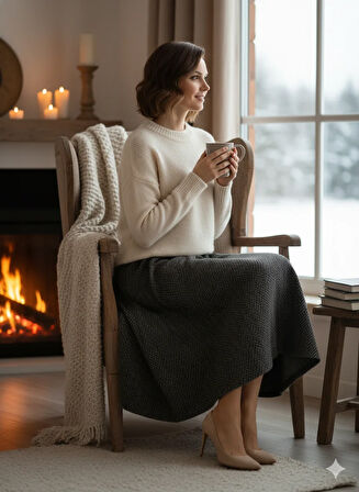 Oppland Kadın Kışlık Parçalı Anne Etek Çizgi Desenli Şardonlu Beli Lastikli Pamuklu Kalın Dokulu