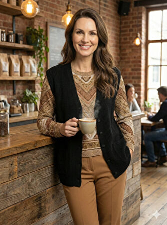 Oppland Kadın Anne Yelek Çift Cepli Önü Şık Düğmeli Fitil Motifli