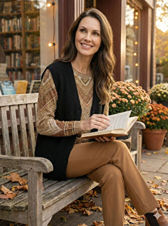 Oppland Kadın Anne Yelek Çift Cepli Önü Şık Düğmeli Fitil Motifli