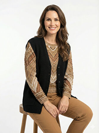 Oppland Kadın Anne Yelek Çift Cepli Önü Şık Düğmeli Fitil Motifli