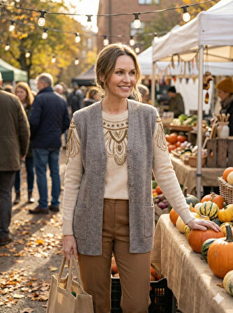 Oppland Kadın Anne Yelek Çift Cepli Önü Şık Düğmeli Fitil Motifli