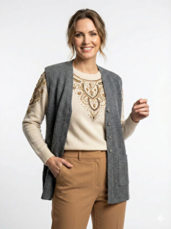 Oppland Kadın Anne Yelek Çift Cepli Önü Şık Düğmeli Fitil Motifli