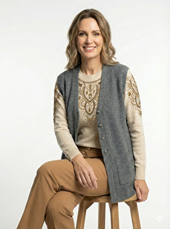 Oppland Kadın Anne Yelek Çift Cepli Önü Şık Düğmeli Fitil Motifli