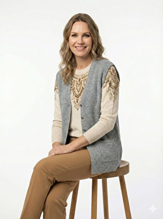 Oppland Kadın Anne Yelek Çift Cepli Önü Şık Düğmeli Fitil Motifli