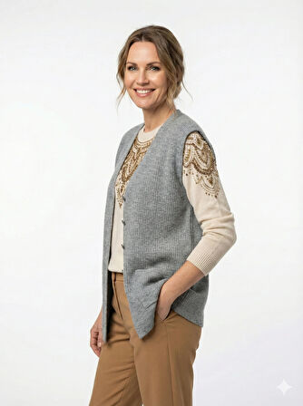 Oppland Kadın Anne Yelek Çift Cepli Önü Şık Düğmeli Fitil Motifli