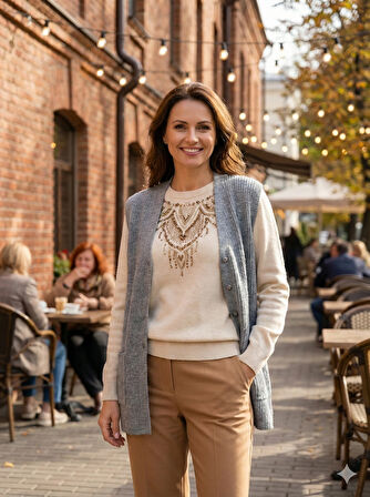 Oppland Kadın Anne Yelek Çift Cepli Önü Şık Düğmeli Fitil Motifli