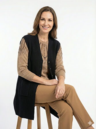 Oppland Kadın Anne Uzun Yelek Çift Cepli Önü Şık Düğmeli Fitil Doku Motifli