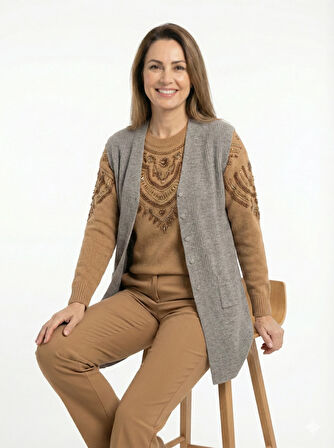 Oppland Kadın Anne Uzun Yelek Çift Cepli Önü Şık Düğmeli Fitil Doku Motifli