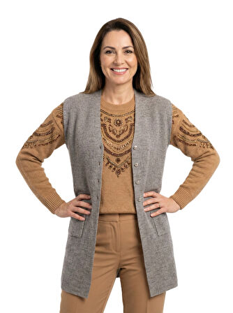 Oppland Kadın Anne Uzun Yelek Çift Cepli Önü Şık Düğmeli Fitil Doku Motifli