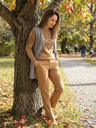 Oppland Kadın Anne Uzun Yelek Çift Cepli Önü Şık Düğmeli Fitil Doku Motifli