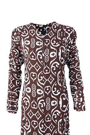 Oppland Kadın Klasik Boydan Elbise Yazlık Mevsimlik Dokuma ViskonKumaş Ebruli Desenli Vatkalı V Yaka