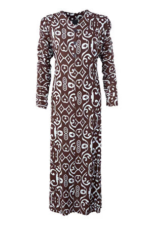 Oppland Kadın Klasik Boydan Elbise Yazlık Mevsimlik Dokuma ViskonKumaş Ebruli Desenli Vatkalı V Yaka