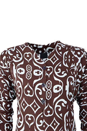 Oppland Kadın Klasik Boydan Elbise Yazlık Mevsimlik Dokuma ViskonKumaş Ebruli Desenli Vatkalı V Yaka