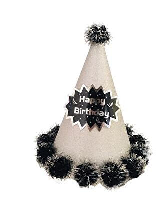 KÜLAH ŞAPKA PONPONLU HAPPY BİRTHDAY GÜMÜŞ METALİK - 1 ADET