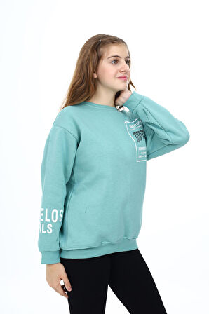 Kız Çocuk Yaka ve Bilek Baskılı 3 İplik Sweatshirt 7-13 Yaş Lx294