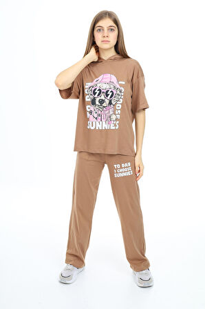 Kız Çocuk Baskılı Kapüşonlu Yazlık Takım 9-14 Yaş LX301