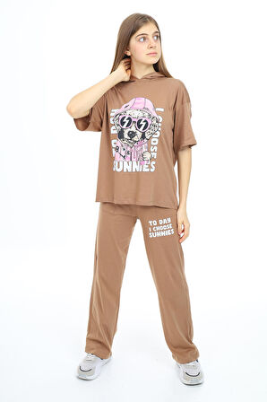 Kız Çocuk Baskılı Kapüşonlu Yazlık Takım 9-14 Yaş LX301