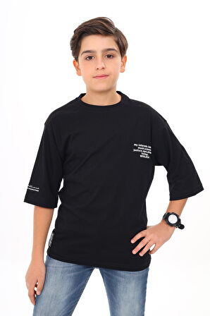 Erkek Çocuk Yazı Baskılı Basic T-Shirt 9-14 Yaş Lx7073