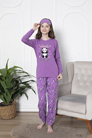 Kız Çocuk Uyku Bantlı Pandalı Pijama Takımı  11-15 Yaş 6093