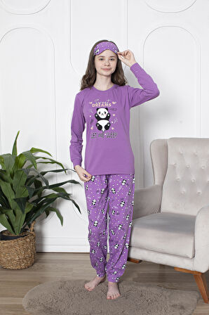 Kız Çocuk Uyku Bantlı Pandalı Pijama Takımı  11-15 Yaş 6093