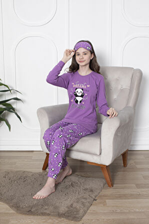 Kız Çocuk Uyku Bantlı Pandalı Pijama Takımı  11-15 Yaş 6093