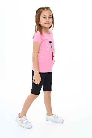 Kız Çocuk Kısa Taytlı Takım (T-shirt+Tayt) 3-13 Yaş Zu101