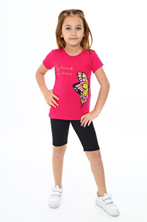 Kız Çocuk Kelebek Baskılı Kısa Taytlı Takım 3-13 Yaş Zu104