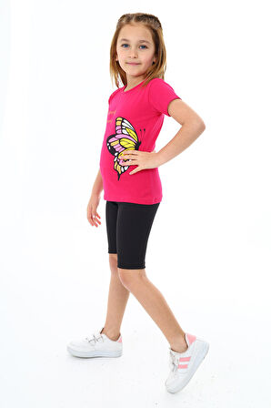 Kız Çocuk Kelebek Baskılı Kısa Taytlı Takım 3-13 Yaş Zu104