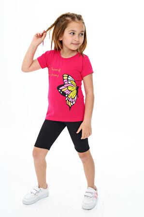 Kız Çocuk Kelebek Baskılı Kısa Taytlı Takım 3-13 Yaş Zu104