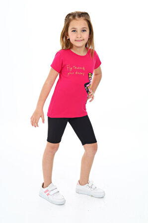 Kız Çocuk Kelebek Baskılı Kısa Taytlı Takım 3-13 Yaş Zu104