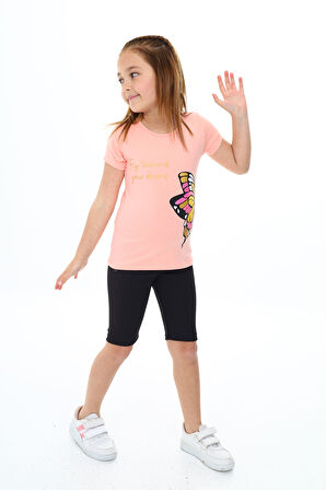 Kız Çocuk Kelebek Baskılı Kısa Taytlı Takım 3-13 Yaş Zu104