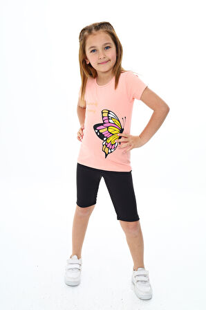 Kız Çocuk Kelebek Baskılı Kısa Taytlı Takım 3-13 Yaş Zu104