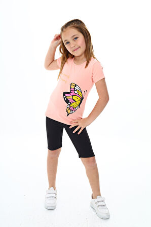Kız Çocuk Kelebek Baskılı Kısa Taytlı Takım 3-13 Yaş Zu104
