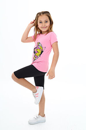 Kız Çocuk Kelebek Baskılı Kısa Taytlı Takım 3-13 Yaş Zu104