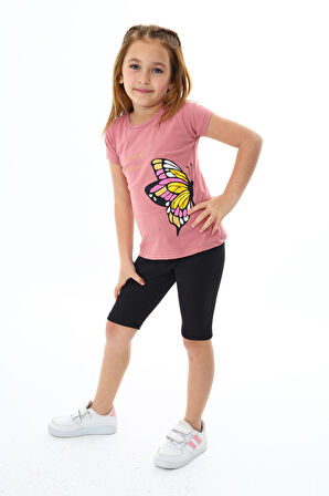 Kız Çocuk Kelebek Baskılı Kısa Taytlı Takım 3-13 Yaş Zu104