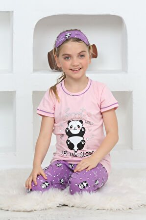 Kız Çocuk Uyku Bantlı-Kaprili-Panda Baskılı Pijama Takımı 3-15 Yaş 6112-14