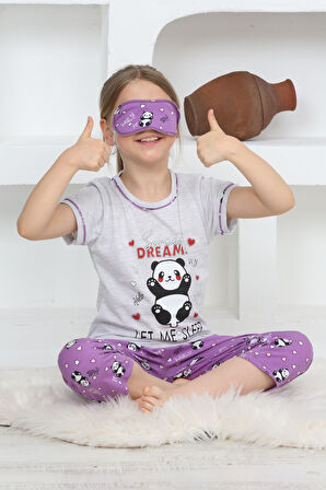 Kız Çocuk Uyku Bantlı-Kaprili-Panda Baskılı Pijama Takımı 3-15 Yaş 6112-14